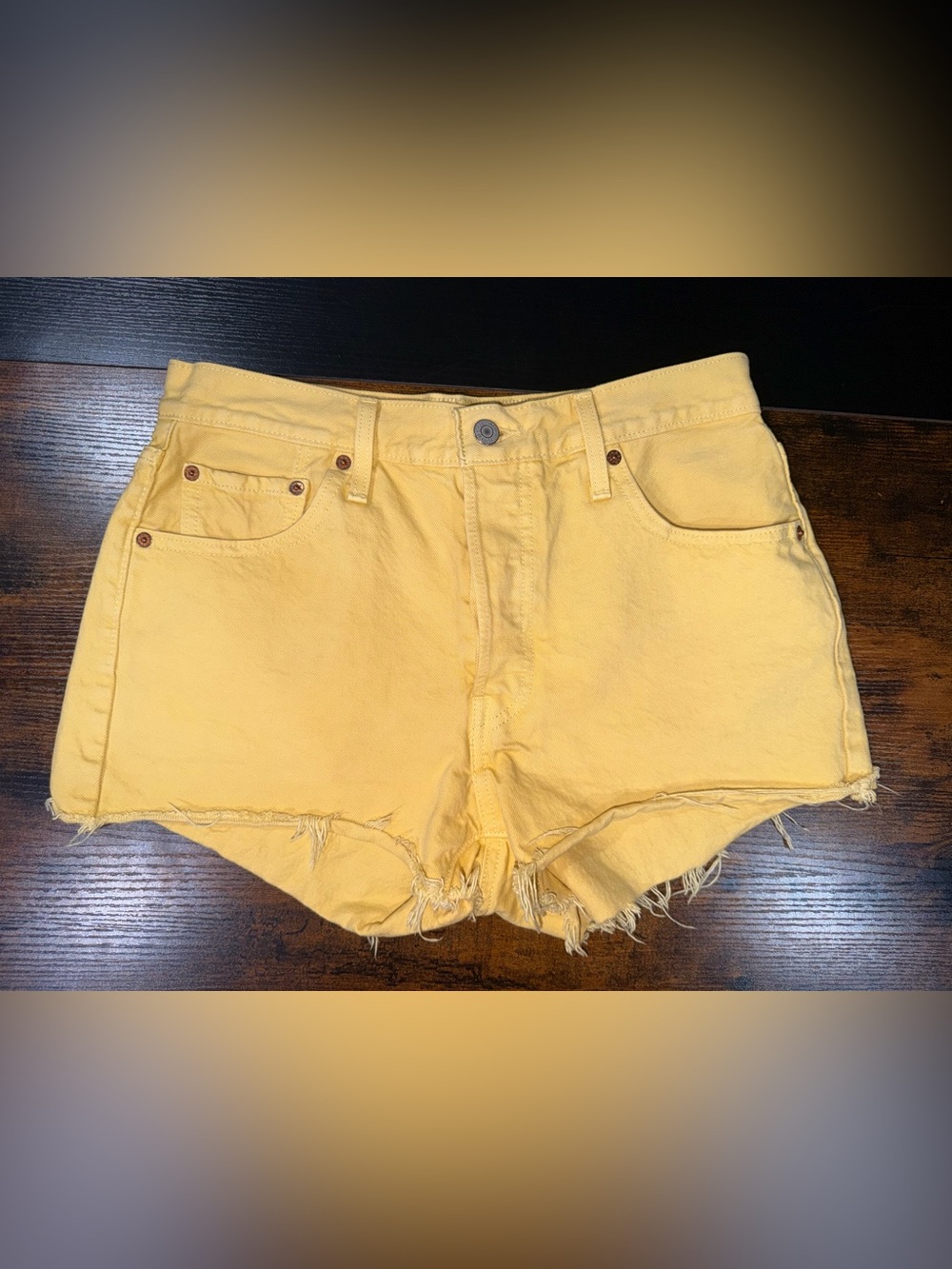 Levis 501 High Rise Cutoff Denim Shorts Yellow Raw Hem Button Fly Womens W29